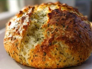 Freshly baked Garlic Herb Dutch Oven Bread in a cast iron pot.