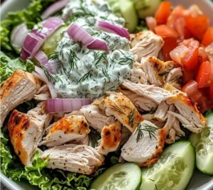 Greek-inspired tzatziki chicken salad with fresh vegetables and herbs