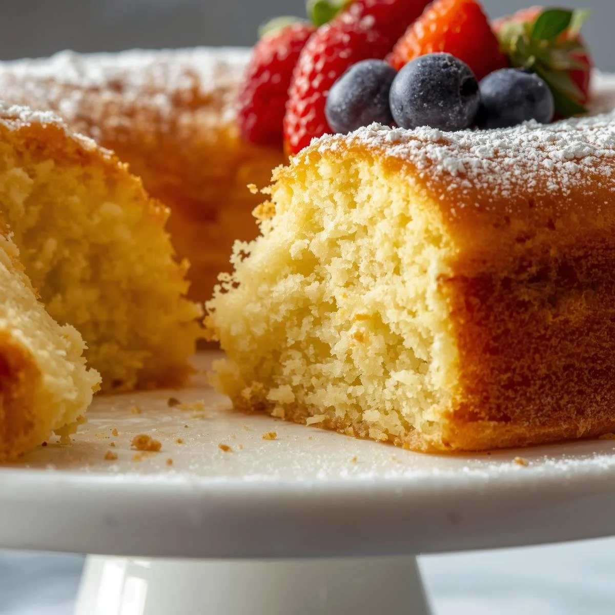 Delicious Greek Yogurt Cake served on a white plate with fresh berries