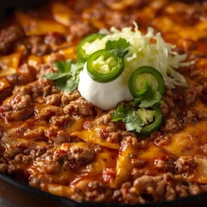 Ground Beef Enchilada Skillet with cheese, tortillas, and toppings