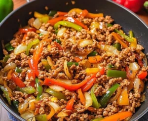 Ground turkey and peppers stir-fry dish served in a bowl