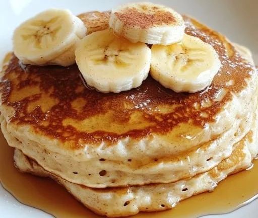 Healthy banana cinnamon yogurt pancakes stacked on a plate with syrup