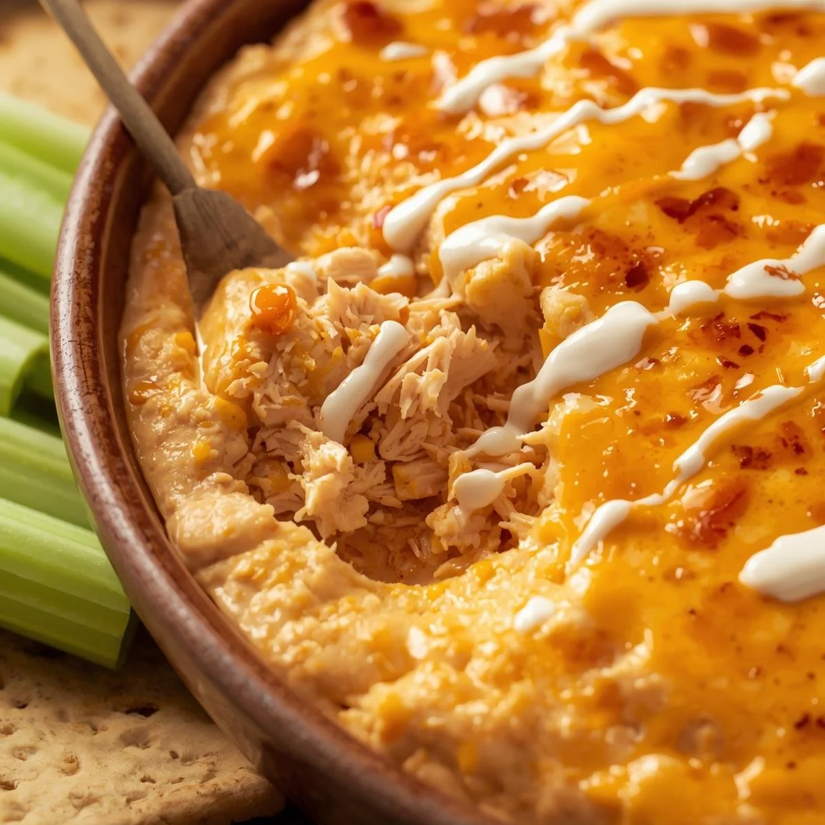 Healthy cottage cheese buffalo chicken dip served in a bowl.
