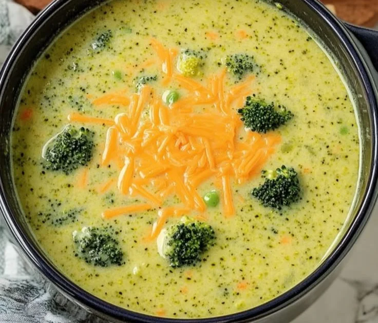 Bowl of high protein broccoli cheddar soup topped with cheese and fresh broccoli.