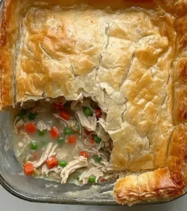 Delicious high protein chicken pot pie on a rustic wooden table