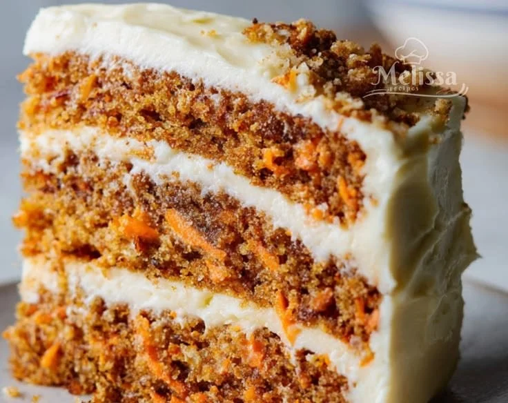 Slice of homemade carrot cake with cream cheese frosting on a plate