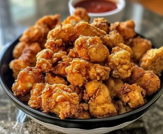 Crispy homemade popcorn chicken served on a plate with dipping sauce