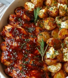 Honey BBQ Chicken served with roasted potatoes.