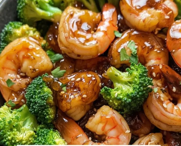 Delicious honey garlic shrimp stir-fry with broccoli in a bowl.