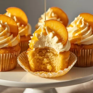 Delicious honey peach cream cheese cupcakes with peach slices and frosting