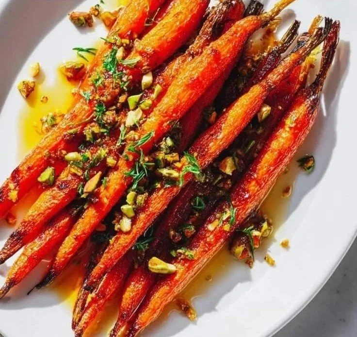 Delicious honey roasted carrots glazed with honey and herbs on a serving plate.