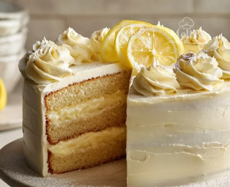 Slice of Italian Lemon Cream Cake topped with fresh lemon zest and cream