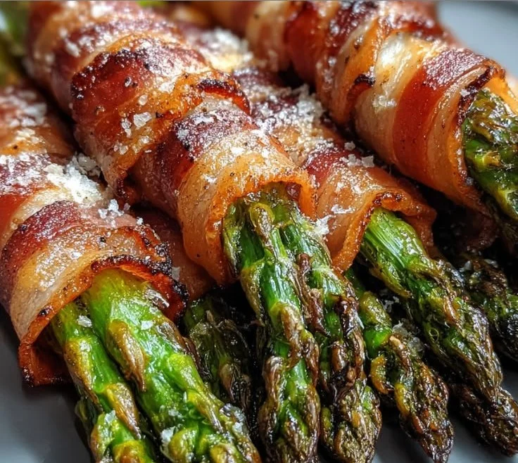 Keto Bacon Wrapped Asparagus Bundles on a platter