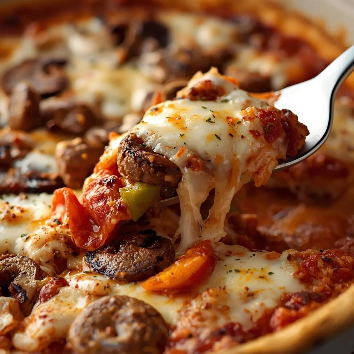 Keto Crustless Pizza Bowl loaded with toppings and cheese