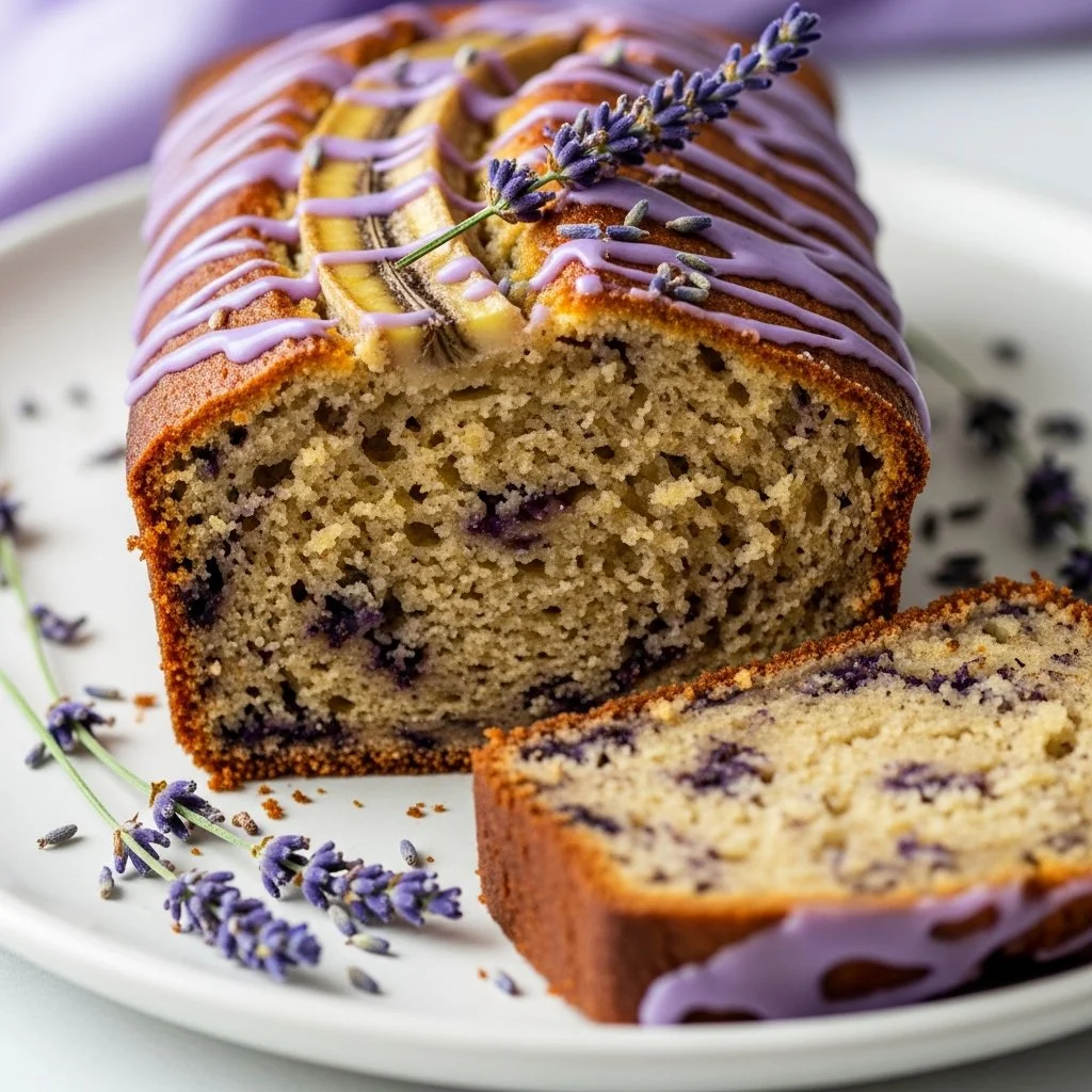 Sliced Lavender Banana Bread served on a rustic wooden board.