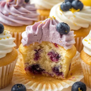Delicious Lemon Blueberry Cupcakes topped with creamy frosting and blueberries