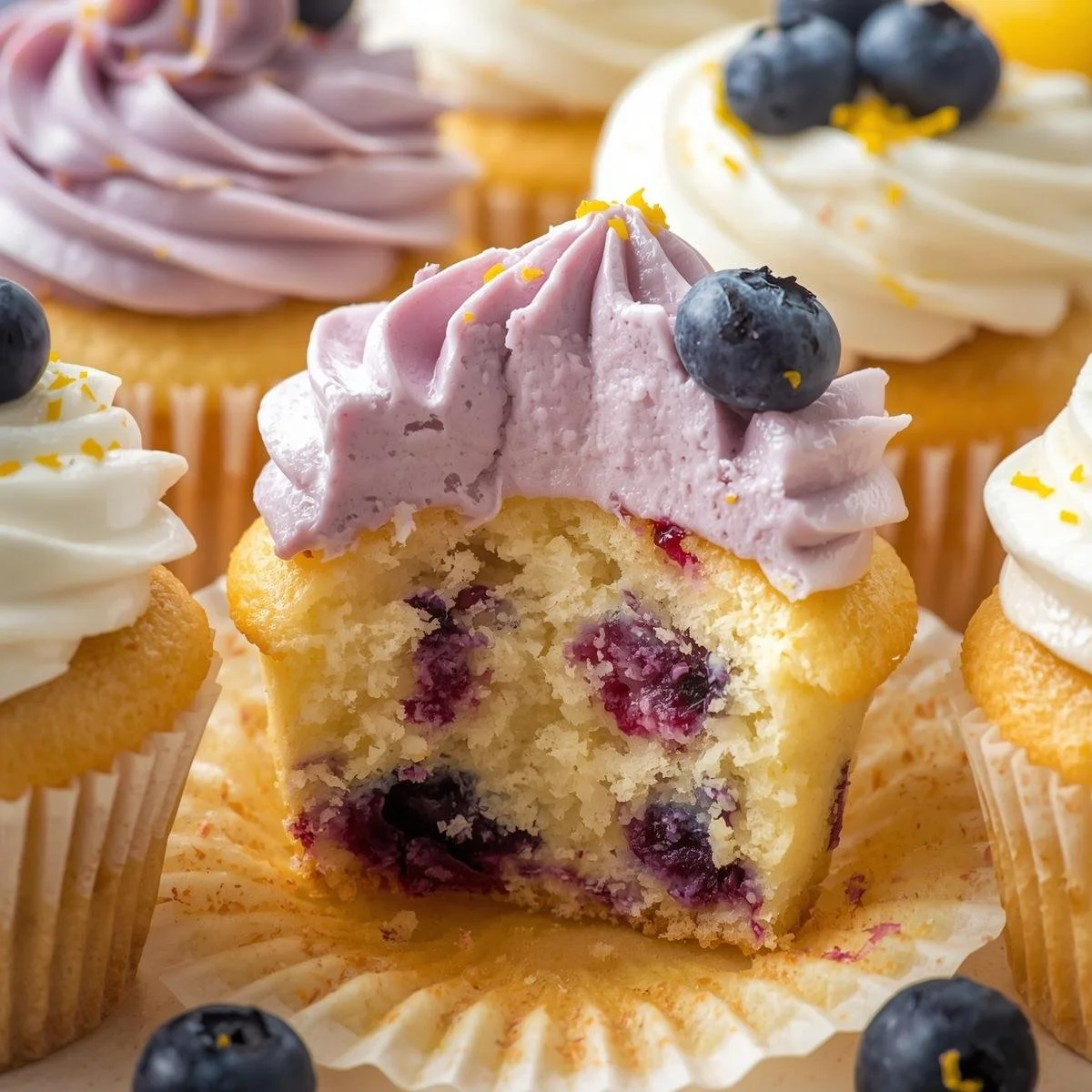 Delicious Lemon Blueberry Cupcakes topped with creamy frosting and blueberries