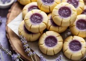 Lemon lavender thumbprint cookies on a plate with fresh lavender sprigs.