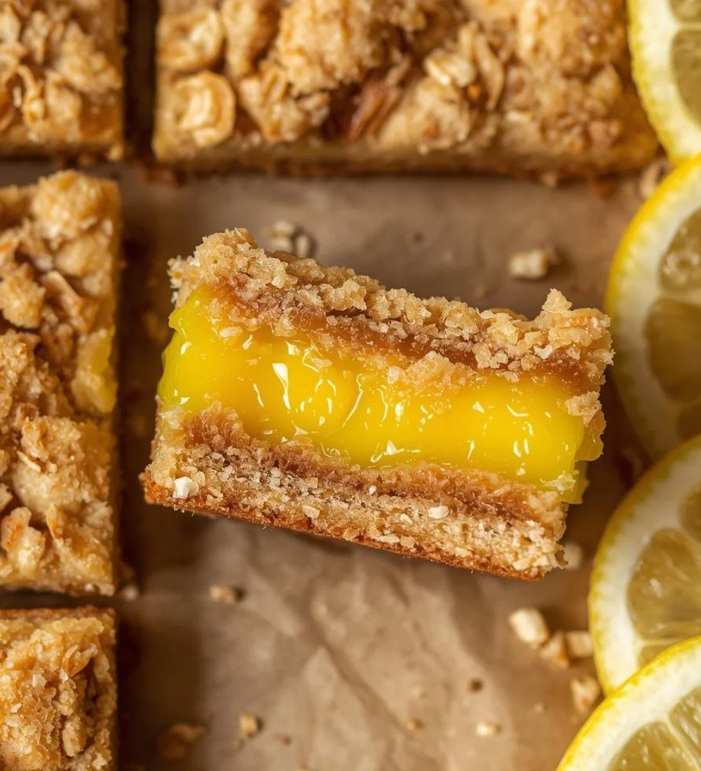 Freshly baked Lemon Oatmeal Crumble Bars with a crumbly topping
