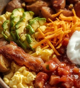A colorful loaded breakfast bowl filled with eggs, avocado, and fresh vegetables.