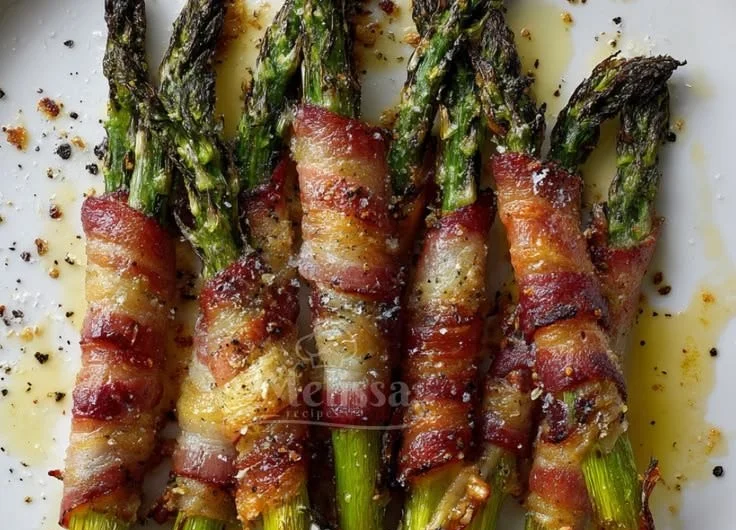 Delicious low-carb baked asparagus with crispy bacon topping