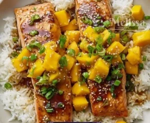 Grilled Mango Teriyaki Salmon garnished with fresh herbs and mango slices