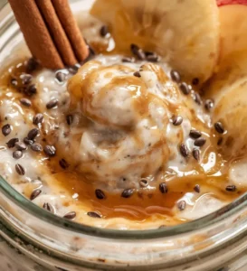 Maple Cinnamon Overnight Oats topped with chia seeds in a bowl