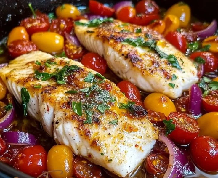 Mediterranean baked fish topped with herbs and lemon on a plate