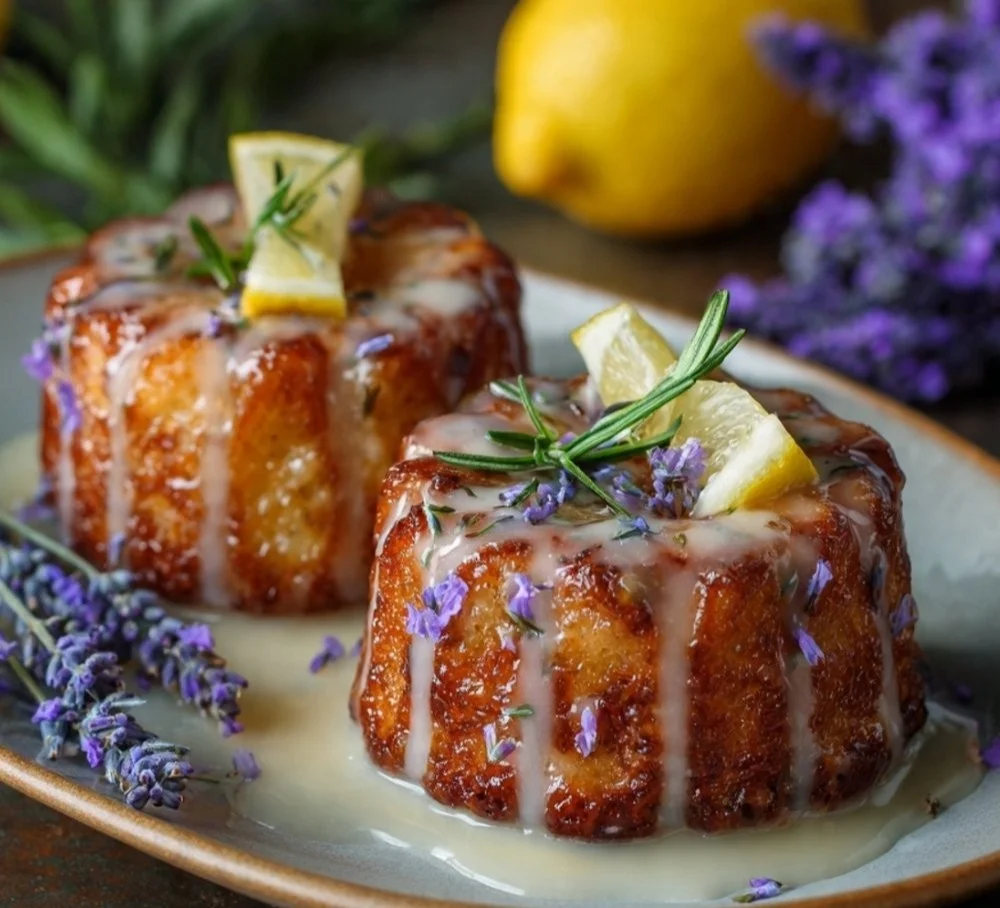Mini lemon cakes topped with a lavender glaze, perfect for dessert lovers