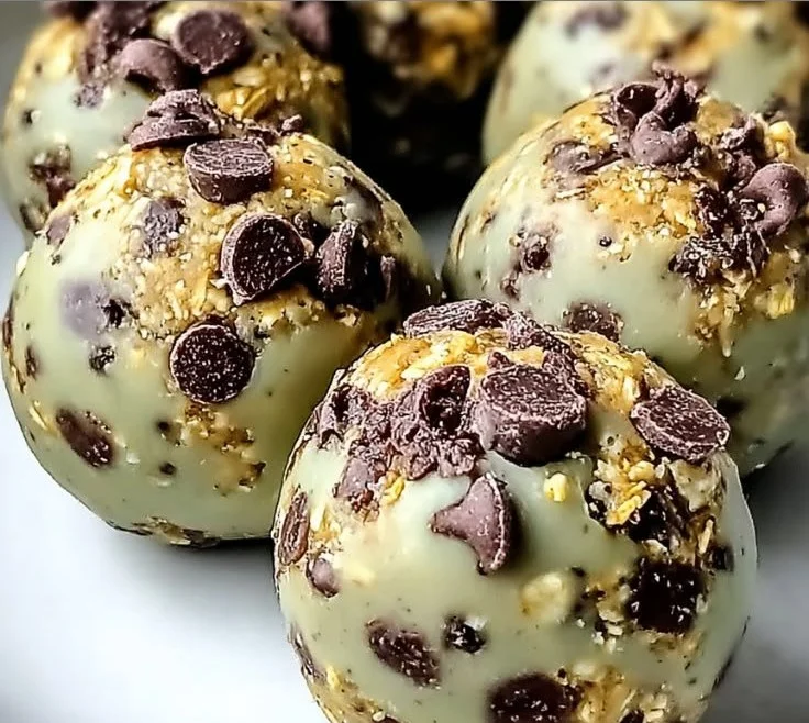 Delicious homemade Mint Chocolate Chip Protein Balls with a minty flavor.