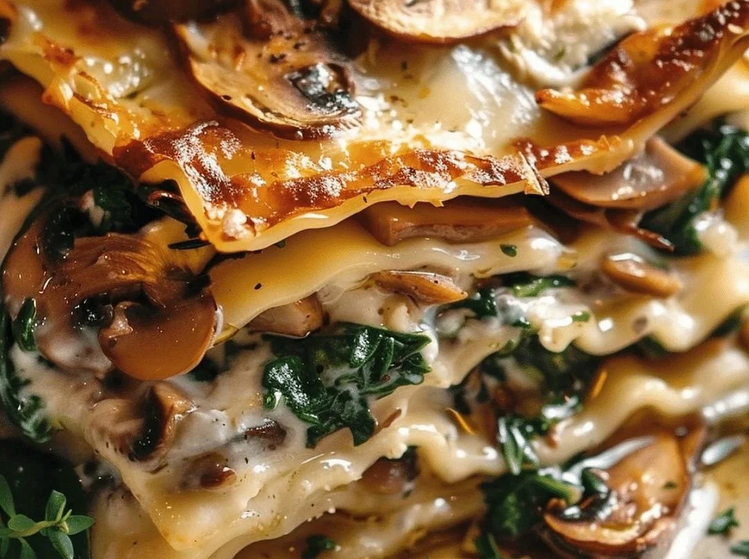 Delicious Mushroom Spinach Lasagna fresh out of the oven, ready to serve.
