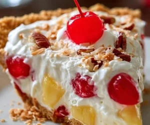 Delicious no-bake Millionaire Pie topped with whipped cream and fruit.