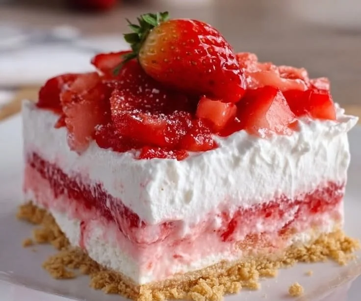Delicious no bake strawberry lasagna dessert with layers of cream and strawberries.