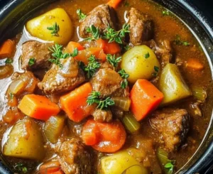 A bowl of Old Fashioned Beef Stew garnished with herbs, showcasing its hearty ingredients.