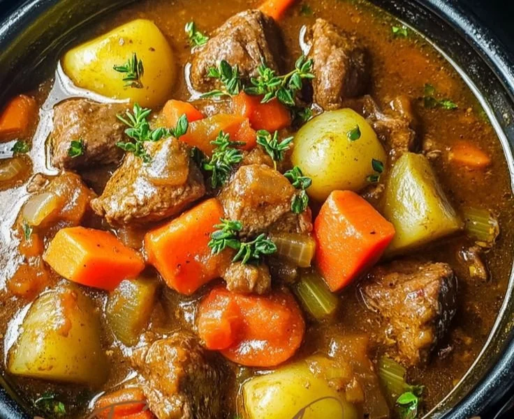 A bowl of Old Fashioned Beef Stew garnished with herbs, showcasing its hearty ingredients.