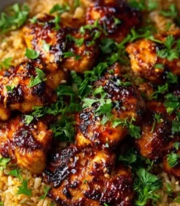 One-Pan Honey BBQ Chicken Rice dish with vibrant colors and garnishes.