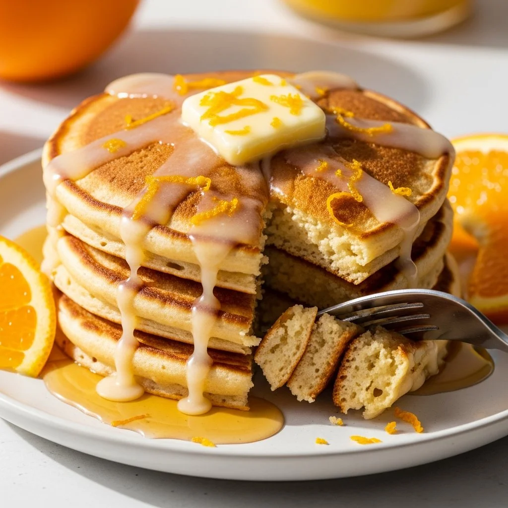 Delicious orange vanilla pancakes stacked on a plate with syrup and fresh oranges