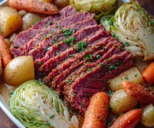 Oven roasted corned beef and cabbage served with vegetables on a platter