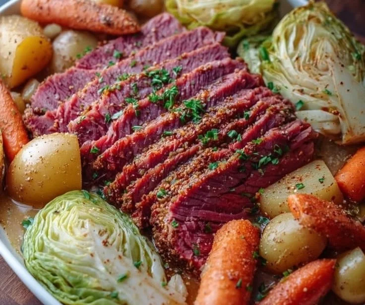 Oven roasted corned beef and cabbage served with vegetables on a platter