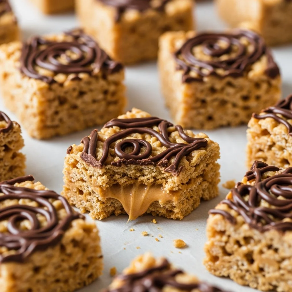Peanut butter rice krispie treats with a chocolate swirl on top