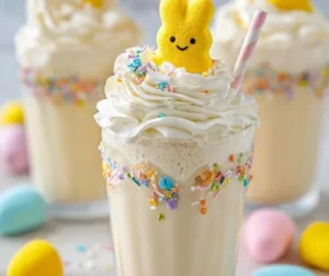 Delicious Peeps Marshmallow Easter Milkshake topped with colorful marshmallows