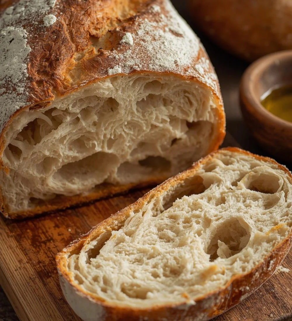 Freshly baked homemade ciabatta bread on a wooden cutting board