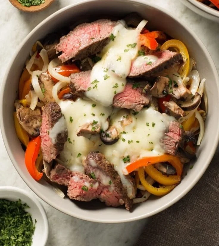 Delicious Philly Cheesesteak Bowls with beef, peppers, and cheese