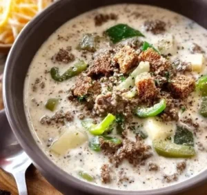 A hearty bowl of Philly Cheesesteak soup garnished with fresh herbs.