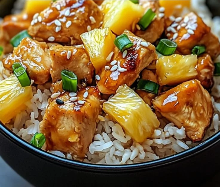 Delicious Pineapple Chicken served with rice on a plate