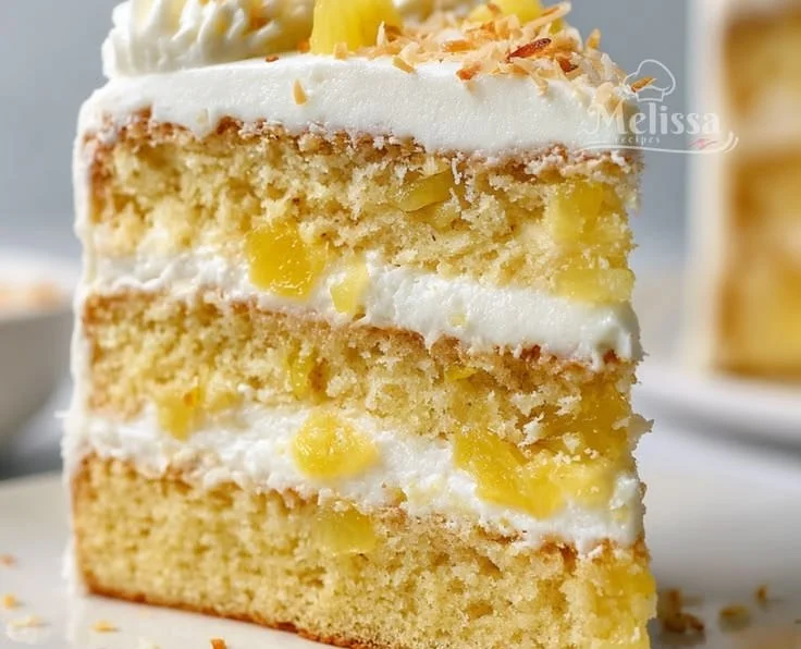 Delicious Pineapple Coconut Dream Cake topped with fresh pineapple and coconut flakes.