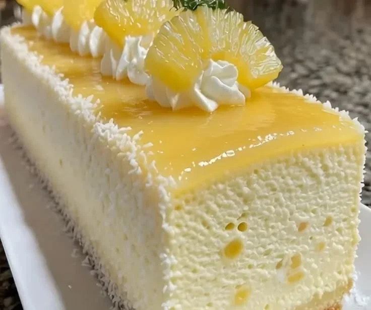 Delicious Pineapple Coconut Mousse Cake topped with fresh fruit