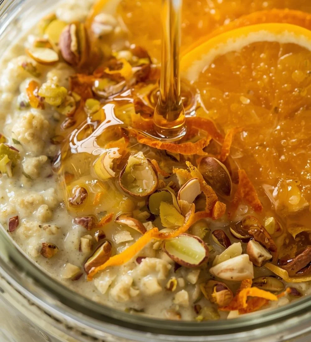 Pistachio Orange Blossom Overnight Oats in a bowl with toppings