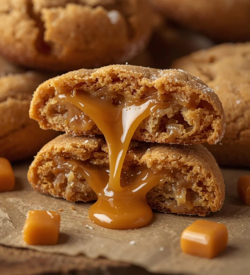 Freshly baked quick caramel stuffed cookies with gooey caramel center