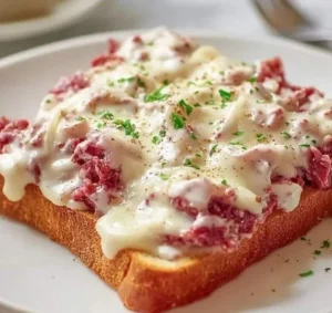 Delicious creamed chipped beef on toast served with garnishes